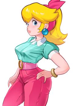 1girl absurdres aqua_shirt belt blonde_hair blue_eyes bracelet collared_shirt commentary earrings english_commentary gold_bracelet hairband hand_on_own_hip highres jewelry lazy_eye mario_(series) mario_kart mario_kart_world mineru128127 nintendo pants pink_belt pink_hairband pink_pants ponytail princess_peach princess_peach_(sightseeing) shirt sphere_earrings white_background