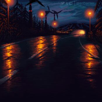 animated animated_gif artist_name lamppost looping_animation moertel night no_humans original outdoors pixel_art road scenery wind_turbine windmill