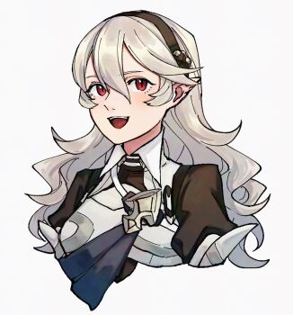 1girl :d black_hairband breasts commentary_request female_corrin_(fire_emblem) fire_emblem fire_emblem_fates hair_between_eyes hairband highres long_hair looking_at_viewer nintendo open_mouth pointy_ears portrait red_eyes simple_background smile teeth tongue upper_teeth_only white_background white_hair yuki12046