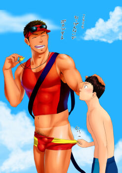 Rule 34 | 2boys, abs, assisted exposure, bara, bare shoulders, blue male swimwear, blue swim trunks, blush, bulge, clothing aside, covered abs, cowboy shot, cropped shirt, headpat, lifeguard, male focus, male pubic hair, male swimwear, male swimwear pull, midriff, midriff peek, multiple boys, muscular, muscular male, navel, orange male swimwear, orange swim briefs, original, pectorals, pubic hair, pubic hair peek, pulling another's clothes, short hair, sideburns, sidepec, size difference, sleeveless, smile, stomach, sunglasses, swim briefs, swim briefs pull, swim trunks, swimsuit, swimsuit aside, tan, tanline, thighs, translation request, unplugged line, whistle, whistle around neck, yaoi, yellow male swimwear