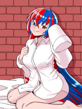 1girl bare_legs barefoot blue_eyes blush breasts closed_mouth collared_shirt commentary crossed_bangs english_commentary female_alear_(fire_emblem) fire_emblem fire_emblem_engage hair_between_eyes hand_on_own_chest heterochromia highres kneeling long_hair looking_at_viewer medium_breasts mnejing30 multicolored_hair naked_shirt nintendo red_eyes shirt sitting sleeves_past_fingers sleeves_past_wrists sleeves_rolled_up smile solo split-color_hair very_long_hair white_shirt