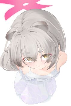 1girl animal_ears arms_behind_back blue_archive blush breasts crossed_bangs dress eyeshadow from_above grey_hair hair_between_eyes halo long_dress long_hair makeup michiru_(blue_archive) michiru_(dress)_(blue_archive) pink_eyeshadow shizuki_eri sleeveless sleeveless_dress small_breasts solo standing white_background white_dress yellow_eyes