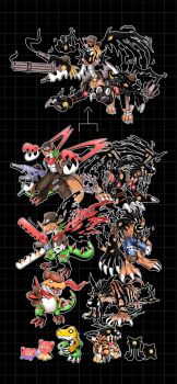 Rule 34 | agumon, blitzgreymon, blonde hair, corruption, digimon, dream tiger (govy9807), evolutionary line, fusion, gabumon, garurumon, gatling gun, greymon, gummigoo, hat, highres, metalgarurumon, oridigi, rizegreymon, spikes, tail, the amazing digital circus, weregarurumon, wings