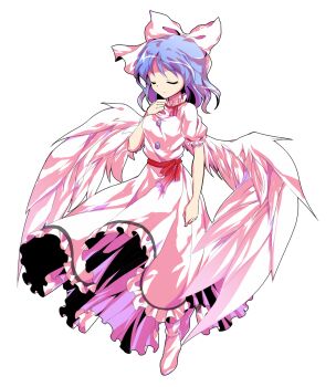 1girl alphes_(style) bare_arms blue_hair bobby_socks bow breasts commentary_request dairi dress feathered_wings feathers frilled_dress frills frown full_body hair_bow large_variant_set mai_(touhou) medium_breasts parody puffy_short_sleeves puffy_sleeves red_bow short_hair short_sleeves socks solo style_parody tachi-e touhou touhou_(pc-98) transparent_background v-shaped_eyebrows variant_set white_bow white_dress white_socks white_wings wings