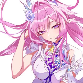 1girl breasts cyrene_(honkai:_star_rail) cyrene_(ripples_of_past_reverie)_(honkai:_star_rail) flower hair_flower hair_ornament highres honkai:_star_rail honkai_(series) large_breasts long_hair looking_at_viewer pink_hair pointy_ears purple_eyes sas_(ls08b) smile solo unfinished upper_body