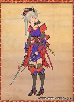 Rule 34 | 1girl, blush, closed eyes, commentary request, dual wielding, fate/grand order, fate (series), fine art parody, full body, grey hair, holding, holding sword, holding weapon, japanese clothes, katana, long hair, miyamoto musashi (fate), nihonga, off shoulder, ono tako, parody, solo, sword, weapon