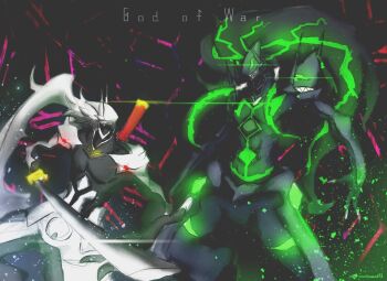 Rule 34 | 2boys, armor, bare pectorals, battle, black hair, blazblue, blazblue: central fiction, blazblue: cross tag battle, dark persona, dual persona, green eyes, green hair, grin, hair strand, hakumen, highres, holding, holding sword, holding weapon, long hair, male focus, mask, multicolored hair, multiple boys, muramasa73, pectorals, ponytail, smile, susanoo (blazblue), sword, tail, two-tone hair, weapon, white hair