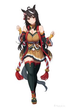 1girl absurdres aged_up ahoge alternate_hair_length alternate_hairstyle animal_ears artist_name bare_shoulders black_hair black_sleeves breasts chanchanko_(clothes) cleavage_cutout clothing_cutout detached_sleeves diamond_cutout full_body hair_between_eyes hair_ornament hair_ribbon hands_up highres horse_ears horse_girl hukahito kitasan_black_(crowning_ooban)_(umamusume) kitasan_black_(umamusume) kouhaku_nawa large_breasts long_hair orange_shirt orange_skirt platform_sandals pleated_skirt red_eyes red_ribbon ribbon rope sandals shimenawa shirt skirt sleeveless sleeveless_shirt solo standing thighhighs twitter_username umamusume white_hair white_streaks yellow_arm_warmers zettai_ryouiki