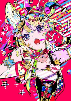 1girl absurdly_detailed_composition ahoge animal_ear_fluff animal_ears blonde_hair blue_bow bow breasts buttons elbow_gloves facial_mark fox_ears fox_girl gloves hair_bow hair_ornament hairclip halter_shirt halterneck hat heart heart-shaped_pupils highres hololive jester_cap long_hair looking_at_viewer multicolored_hair n79oqc3yja6jlof omaru_polka omaru_polka_(1st_costume) open_mouth pink_hair red_gloves shirt single_elbow_glove sleeveless sleeveless_shirt solo streaked_hair symbol-shaped_pupils tilted_headwear upper_body virtual_youtuber x_hair_ornament