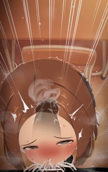 1boy 1girl absurdres bar_censor black_socks blush brown_hair censored chair cum cum_in_mouth cum_in_nose deepthroat ejaculation fellatio forehead from_above grey_eyes hetero highres irrumatio karakai_jouzu_no_takagi-san large_variant_set loli mizumizuni on_chair oral parted_bangs penis pov pov_crotch rolling_eyes school_uniform serafuku shirt sitting snot socks sweat takagi-san tears variant_set white_shirt x-ray