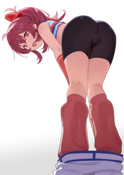 1girl ass bike_shorts blush bow cheerleader clothes_pull commentary_request cropped_shirt crossed_bangs flipped_hair from_behind from_below hair_bow idolmaster idolmaster_shiny_colors komiya_kaho kumanomi looking_at_viewer looking_back loose_socks orange_socks ponytail red_bow red_eyes red_hair shirt shorts shorts_pull simple_background sleeveless sleeveless_shirt smile socks solo standing white_background white_shorts