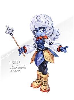 1girl blue_eyes blue_skin boots breasts closed_mouth colored_skin deltarune dress elnina_(deltarune) full_body highres holding joints lordyanyu mechanical_dress mechanical_hair mechanization pointer robot robot_girl robot_joints simple_background small_breasts smile solo standing utdr_(toby_fox) white_background white_hair