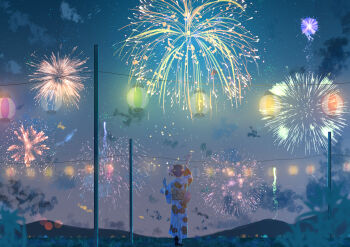 1girl absurdres aerial_fireworks arm_up commentary_request fireworks highres japanese_clothes kimono lantern long_sleeves night obi original outdoors paper_lantern pole print_kimono sash scenery short_hair sinsyou_sketcher sky sky_focus solo star_(sky) starry_sky summer summer_festival walking white_kimono wide_shot