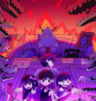 Rule 34 | 1girl, aubrey (omori), black hair, characters, colored skin, fiery background, fire, gator guy (omori), hero (omori), kaydakay, kel (omori), mr. jawsum, multiple boys, omori, omori (omori), white skin