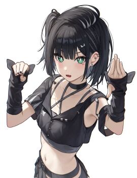 1girl absurdres armpits asymmetrical_sleeves black_collar black_gloves black_hair black_nails black_shirt bob_cut bright_pupils chinese_commentary collar commentary_request cowboy_shot crop_top cropped_shirt earrings fang fingerless_gloves fingernails flat_chest gloves green_eyes grey_shirt highres jewelry looking_at_viewer midriff nail_polish navel one_side_up open_mouth original shirt short_hair simple_background skin_fang solo spike_piercing standing stud_earrings suumon v-shaped_eyebrows white_background white_pupils