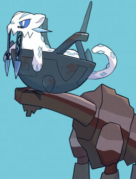 absurdres animal_focus aqua_background blue_sclera chien-pao closed_eyes colored_sclera commentary_request flat_color highres nintendo no_humans pokemon pokemon_(creature) pokemon_focus shira_0998 simple_background ting-lu_(pokemon) white_eyes