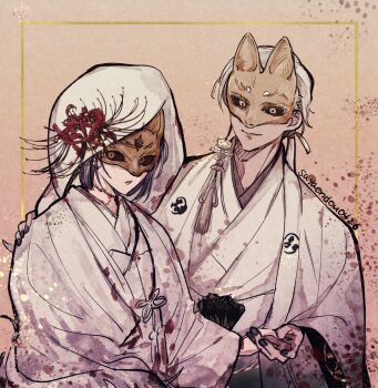 Rule 34 | 1boy, 1girl, black hair, black nails, black sclera, colored sclera, commentary request, couple, earrings, fox hinako, fox mask, fox mask (silent hill), hetero, highres, holding hands, husband and wife, japanese clothes, jewelry, kimono, long hair, low ponytail, mask, motoyui, nail polish, ponytail, robe, sayaendou0426, shimizu hinako, short hair, silent hill (series), silent hill f, single earring, tassel, tassel earrings, uchikake, white hair, white kimono, white robe, yellow eyes