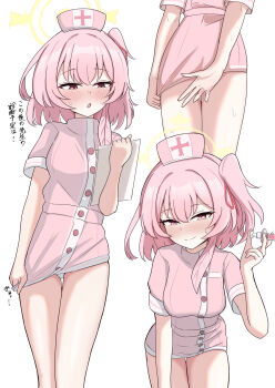 Rule 34 | 1girl, :o, blue archive, blush, breasts, clipboard, closed mouth, commentary request, covering crotch, covering privates, cowboy shot, dress, dress tug, feather hair, hair ribbon, halo, hand up, hat, highres, holding, holding clipboard, holding syringe, leaning forward, looking at viewer, looking down, medium breasts, medium hair, multiple views, nurse, nurse cap, official alternate costume, one side up, open mouth, panties, panty peek, partial commentary, peppo-mk3, pink dress, pink eyes, pink hair, pink hat, red ribbon, ribbon, serina (blue archive), serina (nurse) (blue archive), short sleeves, shy, simple background, sleeveless, sleeveless dress, smile, split mouth, standing, sweat, syringe, thigh gap, translation request, tsurime, underwear, white background, white panties, yellow halo