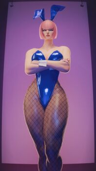 Rule 34 | 1girl, 3d, absurdres, animal ears, blue leotard, breasts, commentary, english commentary, fake animal ears, fishnet pantyhose, fishnets, fugtrup, highleg, highres, large breasts, leotard, manon legrand, paid reward available, pantyhose, pink hair, playboy bunny, protected link, rabbit ears, short hair, solo, strapless, strapless leotard, street fighter, street fighter 6, thick thighs, thighs, toned, toned female
