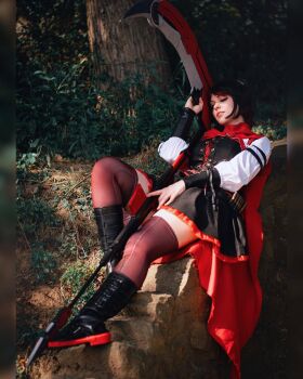 1girl abi_aikou belt black_belt black_hair brown_thighhighs closed_eyes cosplay cosplay_photo crescent_rose dress female_focus gradient_hair highres holding holding_scythe long_sleeves multicolored_hair photo_(medium) real_life red_hair ruby_rose ruby_rose_(cosplay) rwby scythe short_dress solo thighhighs zettai_ryouiki