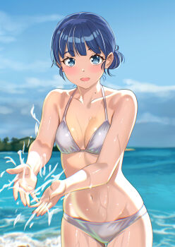 1girl :d basori_tiara bikini blue_eyes blue_hair blue_sky blurry blurry_background breasts collarbone commentary_request hair_bun highres kousan looking_at_viewer make_heroine_ga_oo_sugiru! mole mole_on_neck navel ocean open_mouth outdoors revision short_hair silver_bikini sky small_breasts smile solo splashing swimsuit wet