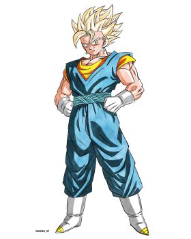 1boy blonde_hair blue_pants blue_sash blue_shirt boots dougi dragon_ball dragonball_z earrings full_body gloves green_eyes hands_on_own_hips highres jewelry medium_hair naouuma_art orange_shirt pants potara_earrings sash shirt simple_background solo spiked_hair super_saiyan super_saiyan_1 vegetto white_background white_boots white_gloves