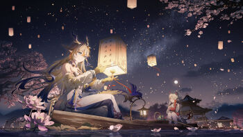2girls absurdres architecture arknights bead_necklace beads blonde_hair blue_eyes closed_eyes closed_mouth dragon_bubble_(arknights) dragon_girl dragon_horns dragon_tail earrings east_asian_architecture eastern_dragon_horns eastern_dragon_tail flower hand_on_own_cheek hand_on_own_face highres horns hui_mou jewelry lantern long_hair lotus multicolored_hair multiple_girls necklace nian_(arknights) night night_sky pants paper_lantern pointy_ears scenery shirt shu_(arknights) sitting sky sky_lantern smile strapless strapless_shirt tail tassel tassel_earrings very_long_hair white_hair white_pants