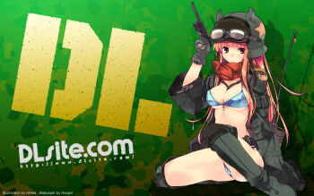 1girl between_breasts bikini boots breasts camouflage cleavage coat dille_blood dlsite.com female_focus goggles gun handgun helmet highres mauser_c96 pistol refeia semi-automatic_pistol solo swimsuit thigh_boots thighhighs underboob weapon