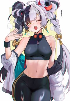 1girl absurdres animal_print bare_shoulders bear_print black_pants blush braid braided_twintails breasts crop_top curvy dialyn_(zenless_zone_zero) dirresponsibly hair_extensions hair_ornament highres jacket long_hair looking_at_viewer medium_breasts multicolored_hair navel open_clothes open_jacket open_mouth panda_print pants ring_hair_extensions simple_background solo sparkling_eyes split-color_hair stomach sweat sweatdrop thick_thighs thighs workout_clothes zenless_zone_zero zipper zipper_pull_tab