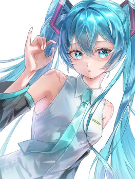 1girl aqua_eyes aqua_hair aqua_necktie armpit_crease blush breasts collarbone collared_shirt commentary_request detached_sleeves hair_between_eyes hair_ornament hatsune_miku highres kayan_n long_hair long_sleeves necktie parted_lips shirt simple_background sleeveless sleeveless_shirt small_breasts solo twintails very_long_hair vocaloid white_background white_shirt wide_sleeves