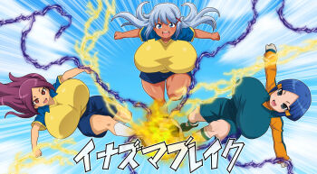 3girls absurdres ball blue_bg blue_eyes blue_hair bouncing_breasts breasts character_request electricity highres hitokiwa_kenchin huge_breasts inazuma_eleven_(series) kurakake_clara long_hair magic motion_lines multiple_girls open_mouth red_eyes red_hair shirt short_hair sky smile soccer_ball soccer_uniform sportswear touch_ai touchi_ai white_hair yellow_shirt