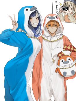 1boy 2girls animal_costume animal_hood arm_at_side azusawa_kohane bad_tag baseball_cap black_hair blonde_hair blonde_streaks blue_hair blush breasts camera closed_mouth cosplay cowboy_shot from_side gradient_hair green_eyes grin hair_between_eyes hand_up hashtag-only_commentary hat highres holding holding_stuffed_toy hood hood_up jester_cap kigurumi large_breasts long_hair long_sleeves looking_at_viewer multicolored_hair multiple_girls neck_ruff onesie orange_eyes orange_hair orange_sweater_vest penguin_costume phenny_(project_sekai) potetototo_2 project_sekai shinonome_akito shiraishi_an short_hair sidelocks simple_background smile straight-on streaked_hair stuffed_animal stuffed_penguin stuffed_toy sweater_vest swept_bangs taking_picture teeth translation_request turning_head twintails v white_background