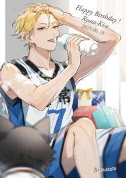 1boy adam's_apple arm_up basketball_uniform blonde_hair bottle box brown_eyes character_name commentary_request dated gift gift_box hand_on_own_head happy_birthday highres holding holding_bottle kaijo_high_basketball_uniform kise_ryouta kuroko_no_basuke male_focus nerumaeno sitting solo sportswear steam sweat twitter_username water_bottle
