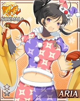 1girl aria_(senran_kagura) arms_up black_hair black_ribbon border breasts card_(medium) character_name cymbals english_text game_cg hair_ribbon hat high_side_ponytail instrument jester jester_cap jester_costume large_breasts long_hair looking_at_viewer midriff multicolored_hat multicolored_pants multicolored_shirt navel official_alternate_costume official_art open_mouth pants purple_eyes purple_pants purple_shirt red_pants red_shirt ribbon senran_kagura senran_kagura_new_wave shirt smile solo striped_clothes striped_headwear vertical-striped_clothes vertical-striped_headwear