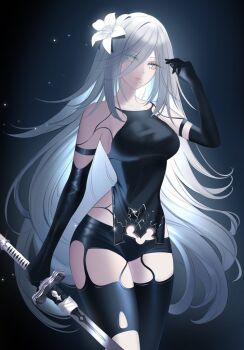 1girl 707arisu a2_(nier:automata) armlet bare_shoulders black_armlet black_background black_gloves black_panties black_tank_top black_thighhighs blue_eyes breasts collarbone elbow_gloves eyelashes flower gloves glowing glowing_flower gradient_background hair_between_eyes hair_flower hair_ornament hair_over_one_eye hand_up holding holding_sword holding_weapon jewelry joints large_breasts lipgloss lips long_eyelashes long_hair looking_at_viewer lunar_tear messy_hair midriff_peek mole mole_under_mouth nier:automata nier_(series) panties pink_lips robot_joints sidelocks simple_background solo sparkle striped_tank_top sword tank_top thighhighs thighs underwear vertical-striped_tank_top very_long_hair weapon white_flower white_hair
