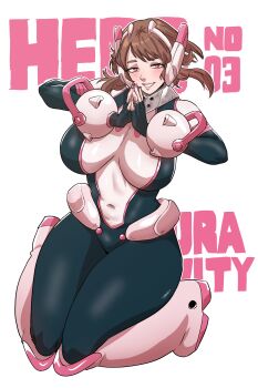 1girl absurdres bodysuit boku_no_hero_academia breasts brown_eyes brown_hair ernez_(jerukperaz) highres large_breasts looking_at_viewer mature_female simple_background smile solo uraraka_ochako uraraka_ochako_(hero_outfit) white_background