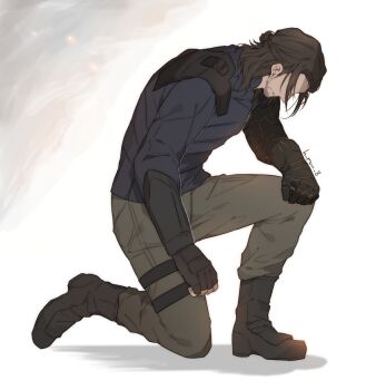 1boy animification avengers:_endgame avengers:_infinity_war avengers_(series) beard blue_jacket brown_hair cyborg facial_hair fingerless_gloves gloves jacket bucky_barnes kneeling looking_down male_focus marvel marvel mechanical_arms namahamu_(hmhm_81) on_one_knee single_mechanical_arm smoke solo