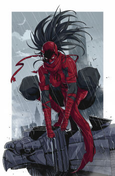 1girl black_hair black_pants bodysuit border breasts commentary daredevil elektra elektra_natchios fake_horns floating_hair highres horns jhony_caballero large_breasts long_hair marvel pants rain red_bodysuit solo squatting white_border