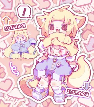 ! 2girls :3 absurdres alternate_form animal_ear_fluff animal_ears animal_hat arrow_(symbol) artist_self-insert bad_id bad_twitter_id black_eyes blonde_hair blue_footwear blue_jacket commentary_request deformed dot_nose earrings fang hand_on_another&#039;s_head hat heart heart_background highres jacket jewelry leaning_on_person long_sleeves multicolored_hair multiple_girls multiple_views nikamoka no_sclera notice_lines open_mouth original paw_print paw_print_background pawpads pink_eyes pink_hair shoes short_eyebrows size_difference sleeves_past_fingers sleeves_past_wrists smile speech_bubble spoken_exclamation_mark star_(symbol) star_earrings streaked_hair tail thick_eyebrows yellow_hat zipper
