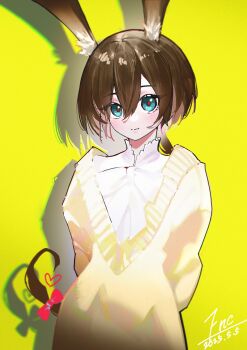 1girl absurdres alternate_costume amiya_(arknights) animal_ear_fluff animal_ears aqua_eyes arknights arms_behind_back blush bow bowtie brown_hair closed_mouth dated gaanc_23_(tomosuge) hair_between_eyes hair_bow highres long_hair long_sleeves looking_at_viewer low-tied_long_hair low_ponytail ponytail rabbit_ears red_bow shirt signature simple_background smile solo sweater very_long_hair white_bow white_bowtie white_shirt yellow_background yellow_sweater