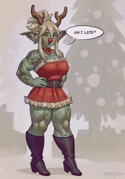 1girl absurdres animal_ears antlers bare_shoulders belt black_belt black_boots blonde_hair blush boots breasts brown_eyes brown_horns choker christmas_tree colored_skin commentary deer_antlers dress earrings english_commentary english_text female_goblin full_body fur-trimmed_dress fur_trim goblin goblin_girl_(m4rjinn) green_skin hair_between_eyes hands_on_own_hips highres horns jewelry knee_boots looking_at_viewer m4rjinn medium_breasts medium_hair muscular muscular_female original parted_lips pointy_ears ponytail red_dress red_nose red_ribbon ribbon ribbon_choker santa_costume santa_dress shadow sharp_teeth shoulder_tattoo sidelocks sketch_background solo speech_bubble standing tattoo teeth thick_thighs thighs upper_teeth_only