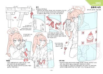 1girl absurdres ahoge blue_archive cardigan commentary flukhan gun halo highres holding holding_gun holding_shield holding_weapon information_sheet korean_commentary korean_text long_hair long_sleeves micro_uzi natsu_(blue_archive) neckerchief open_mouth pink_hair pink_halo pleated_skirt red_eyes red_neckerchief reference_inset reloading riot_shield school_uniform shield shirt side_ponytail simple_background skirt solo submachine_gun translation_request weapon weapon_focus white_background white_cardigan white_shirt