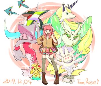 1girl alcremie alcremie_(rainbow_swirl) alcremie_(strawberry_sweet) alternate_color alternate_hair_color alternate_hairstyle boots creature cursola dated dragapult dreepy food frosmoth fruit full_body galarian_form galarian_rapidash gen_8_pokemon gloria_(pokemon) hat hatterene long_hair looking_at_viewer miniskirt mizuto_(o96ap) nintendo pokemon pokemon_(creature) pokemon_swsh skirt standing strawberry thighhighs toxtricity