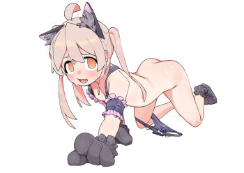 1girl @_@ ahoge all_fours animal_ear_fluff animal_ears animal_hands araimelon ass black_bra black_gloves black_panties blush bow bow_panties bra cat_ears cat_paws fake_animal_ears fang flat_chest frilled_bra frills full_body genderswap genderswap_(mtf) gloves hair_between_eyes loli long_hair looking_at_viewer onii-chan_wa_oshimai! open_mouth orange_eyes oyama_mahiro panties panties_around_leg panty_pull paw_gloves paw_shoes raised_inner_eyebrows simple_background solo twintails underwear white_background