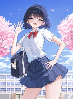 1girl :d absurdres arme_(cgsy7484) bag bag_charm black_hair black_skirt blue_eyes blue_sky blush bow bowtie building charm_(object) cherry_blossoms cloud commentary_request day hand_on_own_hip highres open_mouth original outdoors pleated_skirt red_bow red_bowtie school school_bag school_uniform shirt short_hair short_sleeves skirt sky smile standing teeth upper_teeth_only waving white_shirt
