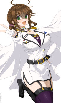 Rule 34 | 1girl, ahoge, belt, black belt, breasts, brown hair, cape, chamumi (mochiumee), cleavage cutout, clothing cutout, epaulettes, female admiral (kancolle), garter belt, garter straps, gloves, green eyes, hand on own hip, heart cutout, highres, jacket, kantai collection, kneehighs, large breasts, military jacket, military uniform, miniskirt, mole, mole on breast, mole on thigh, mole under mouth, open mouth, original, partially fingerless gloves, pencil skirt, pleated skirt, simple background, skirt, smile, socks, solo, standing, standing on one leg, v, white background, white gloves, white jacket, white skirt