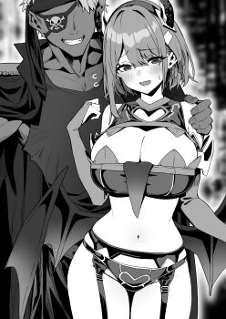 1boy 1girl absurdres baffu bikini breasts bridal_gauntlets cleavage clenched_teeth commentary_request dark-skinned_male dark_skin demon_horns demon_wings eyepatch faceless faceless_male fake_horns garter_belt greyscale hairband hand_on_another&#039;s_shoulder highres hitoyo_(baffu) horns large_breasts looking_at_viewer monochrome navel original short_hair skull_and_crossbones smile standing swimsuit teeth thighs wings