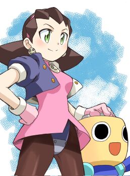 1girl black_pantyhose blue_jacket breasts brooch brown_hair cowboy_shot cropped_jacket dress earrings emapippi gloves green_eyes highres jacket jewelry medium_breasts medium_hair mega_man_(series) mega_man_legends_(series) open_clothes open_jacket pantyhose pink_dress pink_gloves servbot_(mega_man) skull_brooch skull_earrings smile tron_bonne_(mega_man)