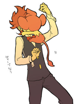 Rule 34 | 1boy, bow, bowtie, chili (pokemon), commentary request, gen 5 pokemon, lowres, male focus, mogawa, monkey tail, nintendo, pansear, pokemon, pokemon (creature), pokemon bw, red bow, red bowtie, red hair, simple background, tail, vest, waiter, white background