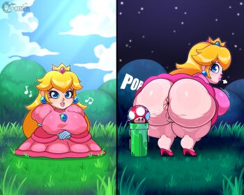 1boy 1girl after_anal anal anal_object_insertion ass blonde_hair blue_eyes blush breasts cellulite clothed_sex ear_piercing earrings fat huge_ass huge_breasts jewelry juice long_hair looking_at_viewer looking_back mario_(series) musical_note nintendo object_insertion piercing princess_peach pussy shortstack smile tenjosan toad_(mario)